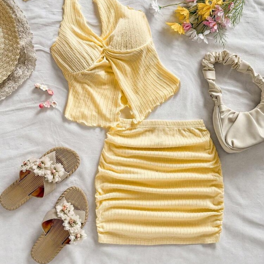 Knitted Texture Halter Top and Low Waisted Ruched Mini Skirt